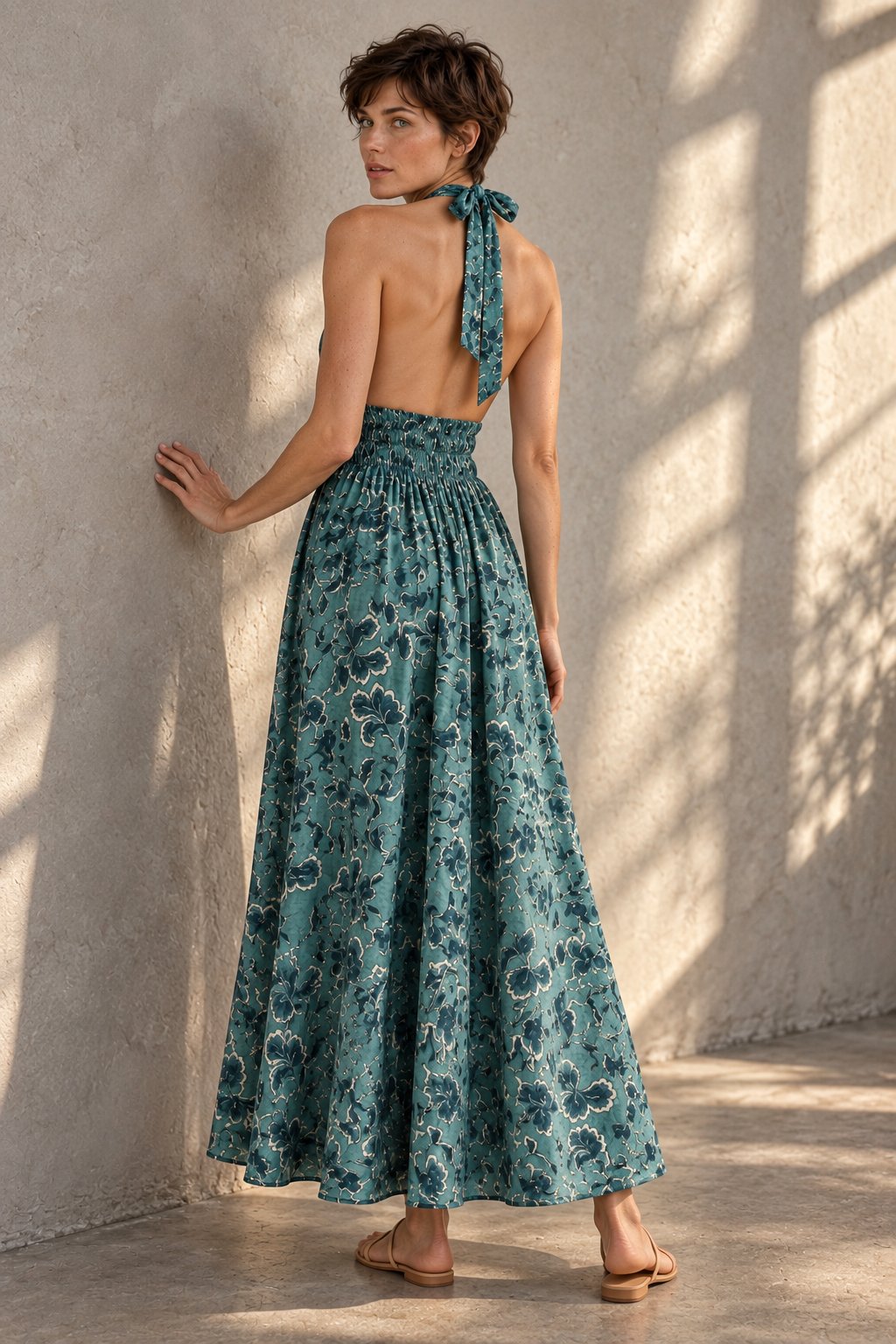 Robe longue dos nu taille smockée (vert d'eau)