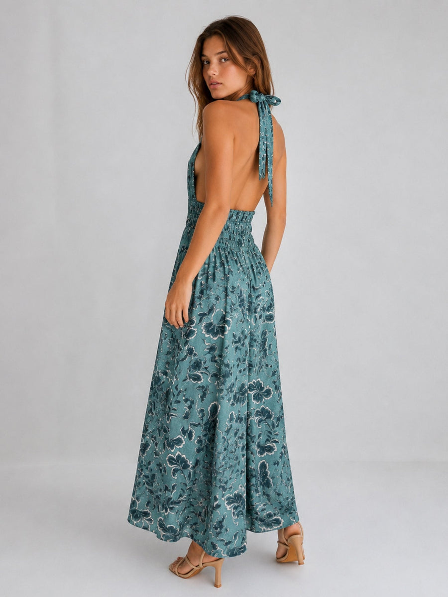 Robe longue dos nu taille smockée (vert d'eau)