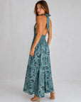 Robe longue dos nu taille smockée (vert d'eau)