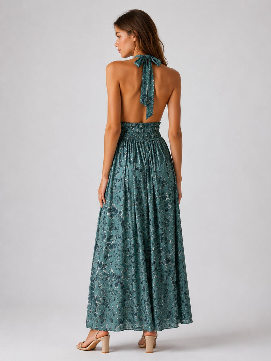 Robe halter dos nu nœud à la nuque (vert d'eau)