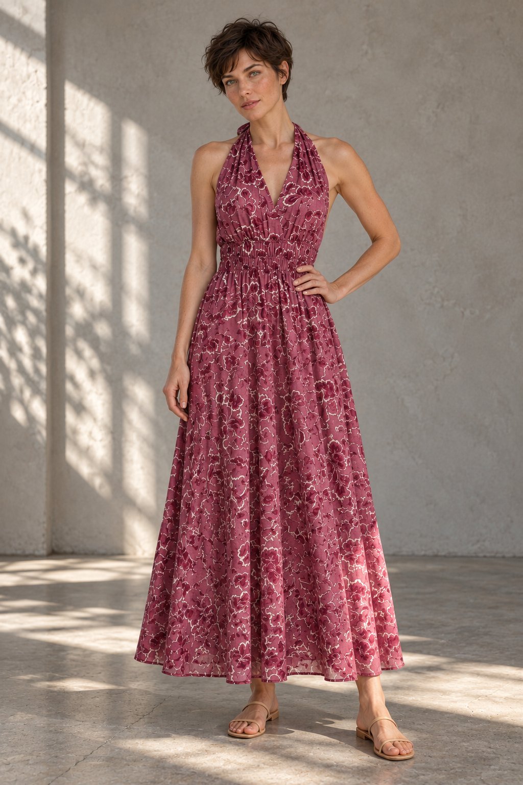 Robe longue fleurie rose poudré vue de face