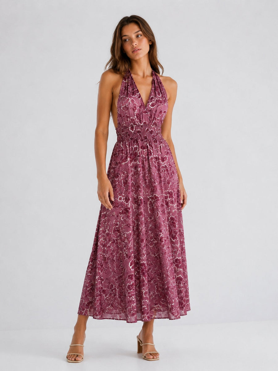 Robe longue fleurie rose poudré vue de face
