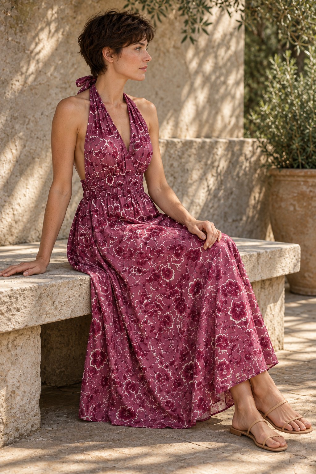 Robe longue fleurie rose poudré vue de profil