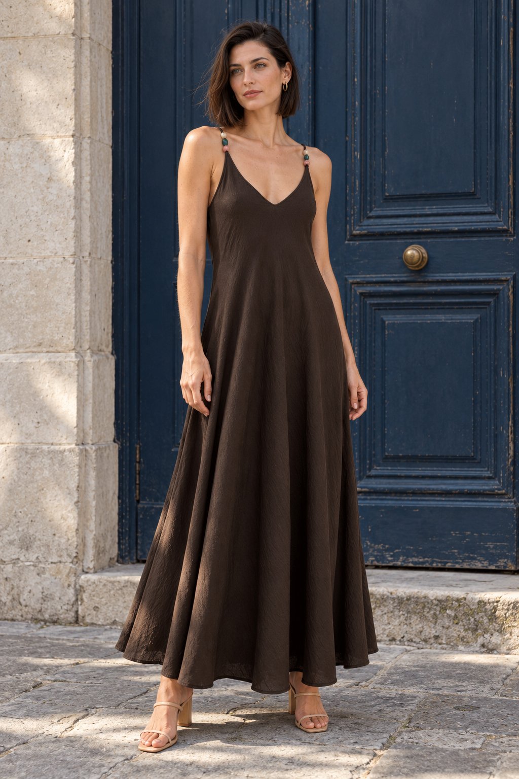 Robe longue évasée col V chocolat
