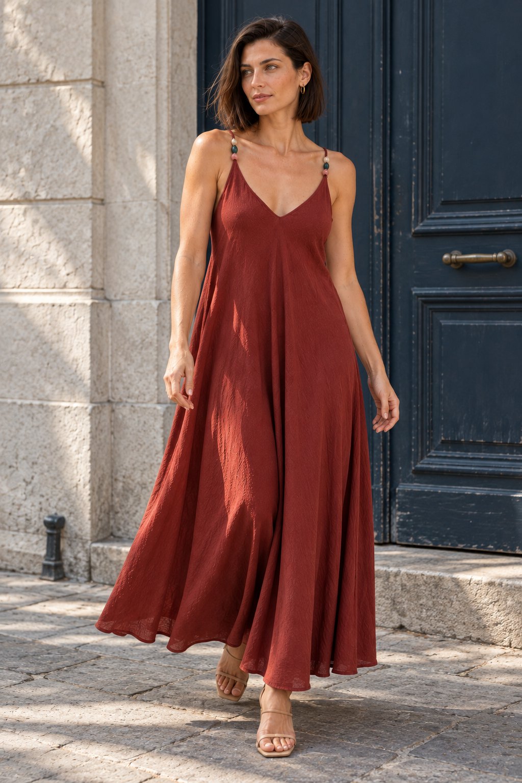 Robe longue évasée col V rouge carmin