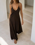 Robe longue évasée col V chocolat