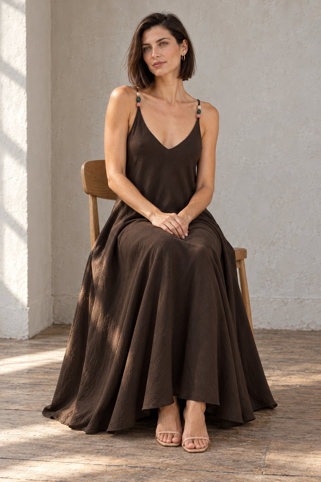 Robe longue évasée vue face chocolat