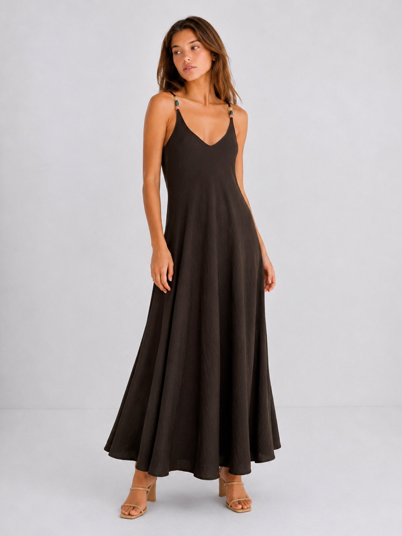 Robe longue évasée vue face chocolat