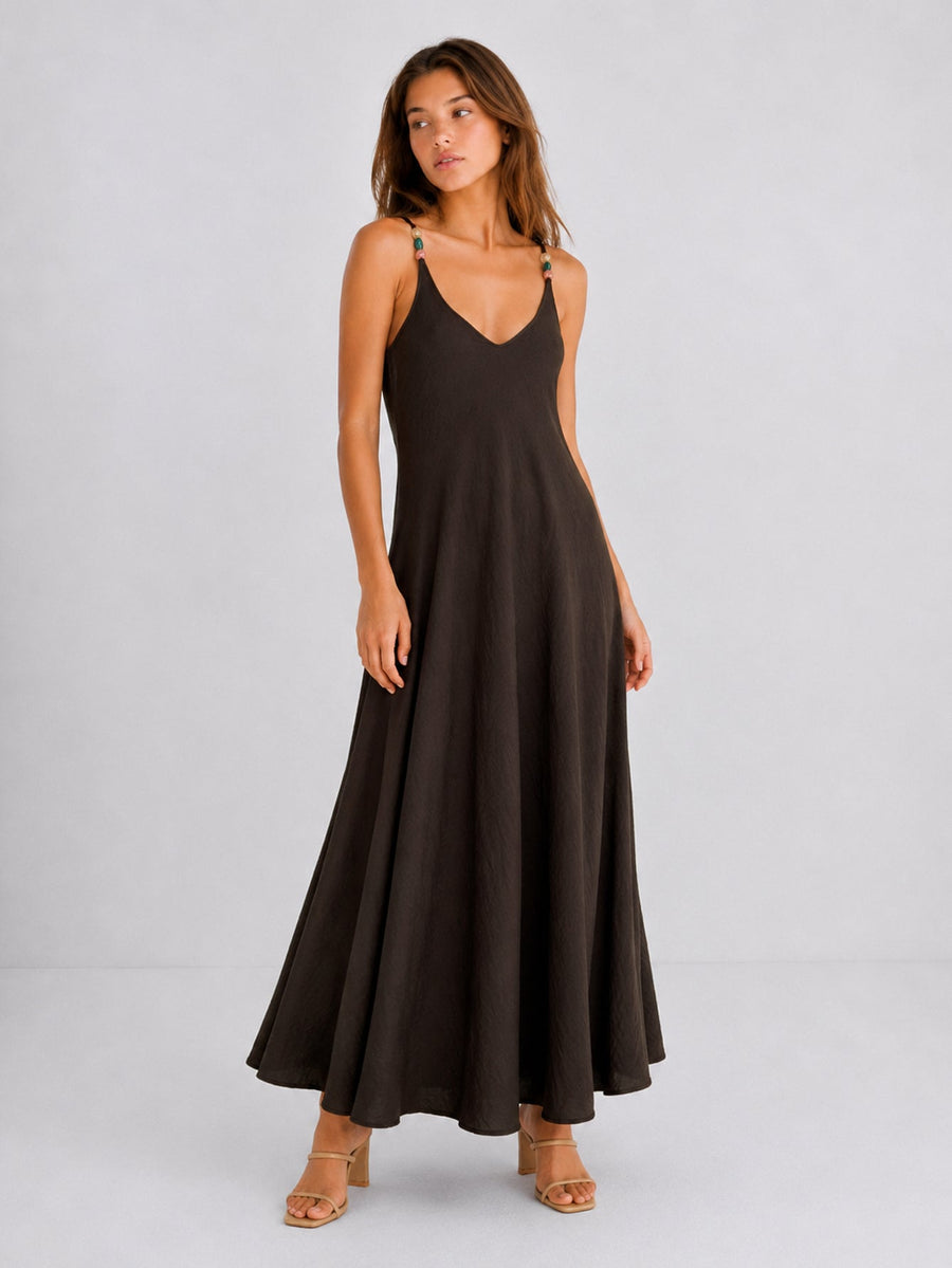 Robe longue évasée vue face chocolat