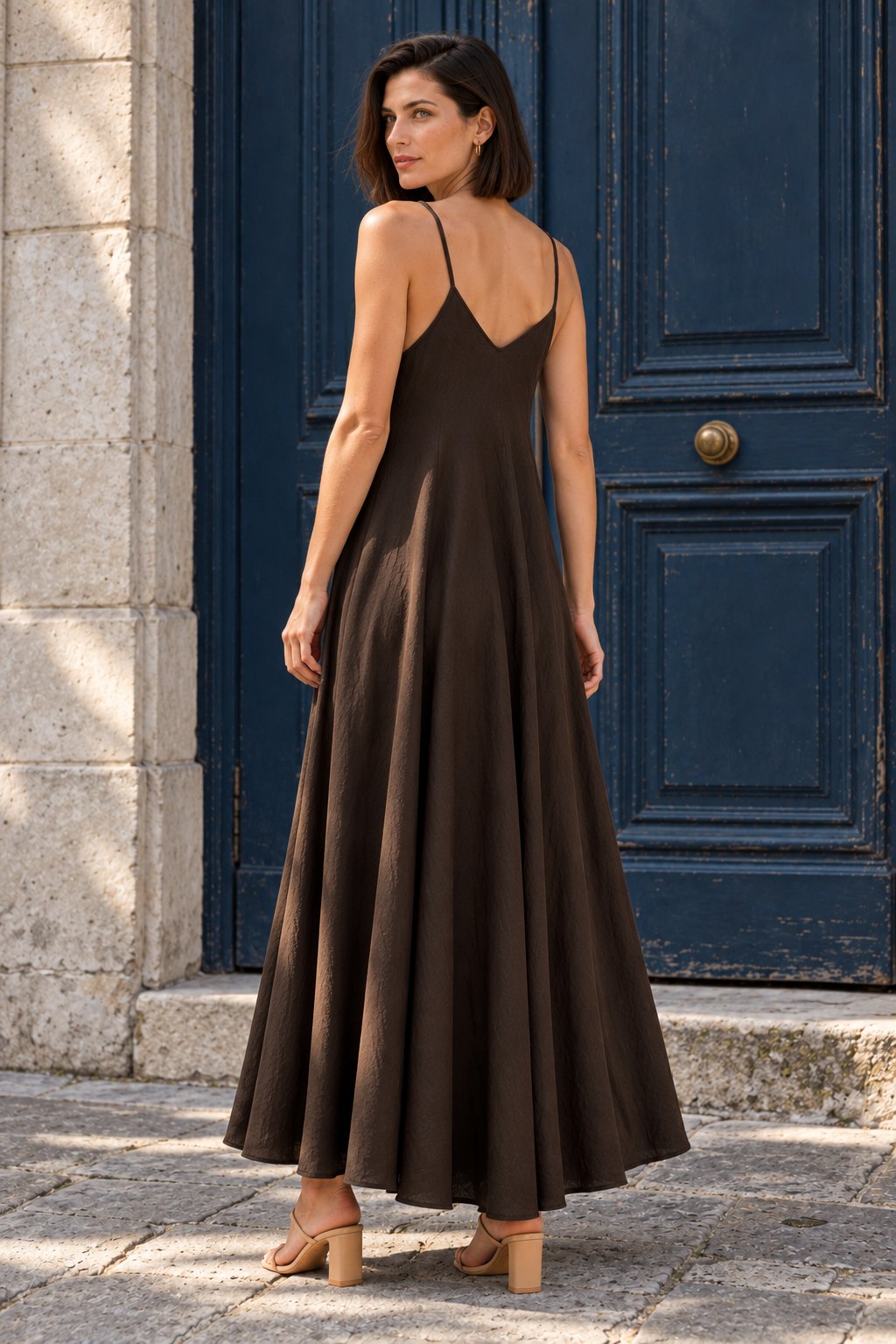 Robe longue dos en V chocolat