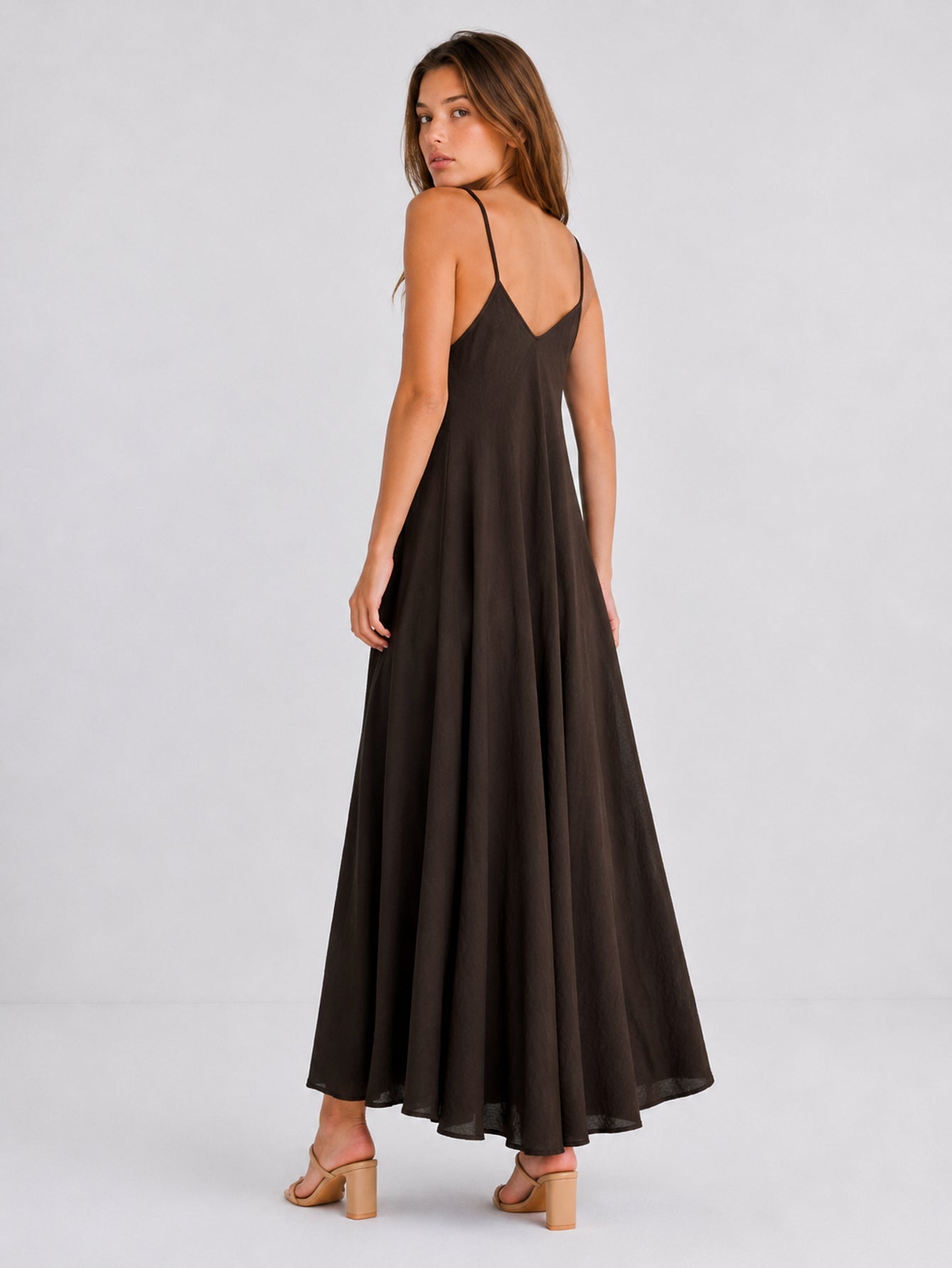 Robe longue dos en V chocolat