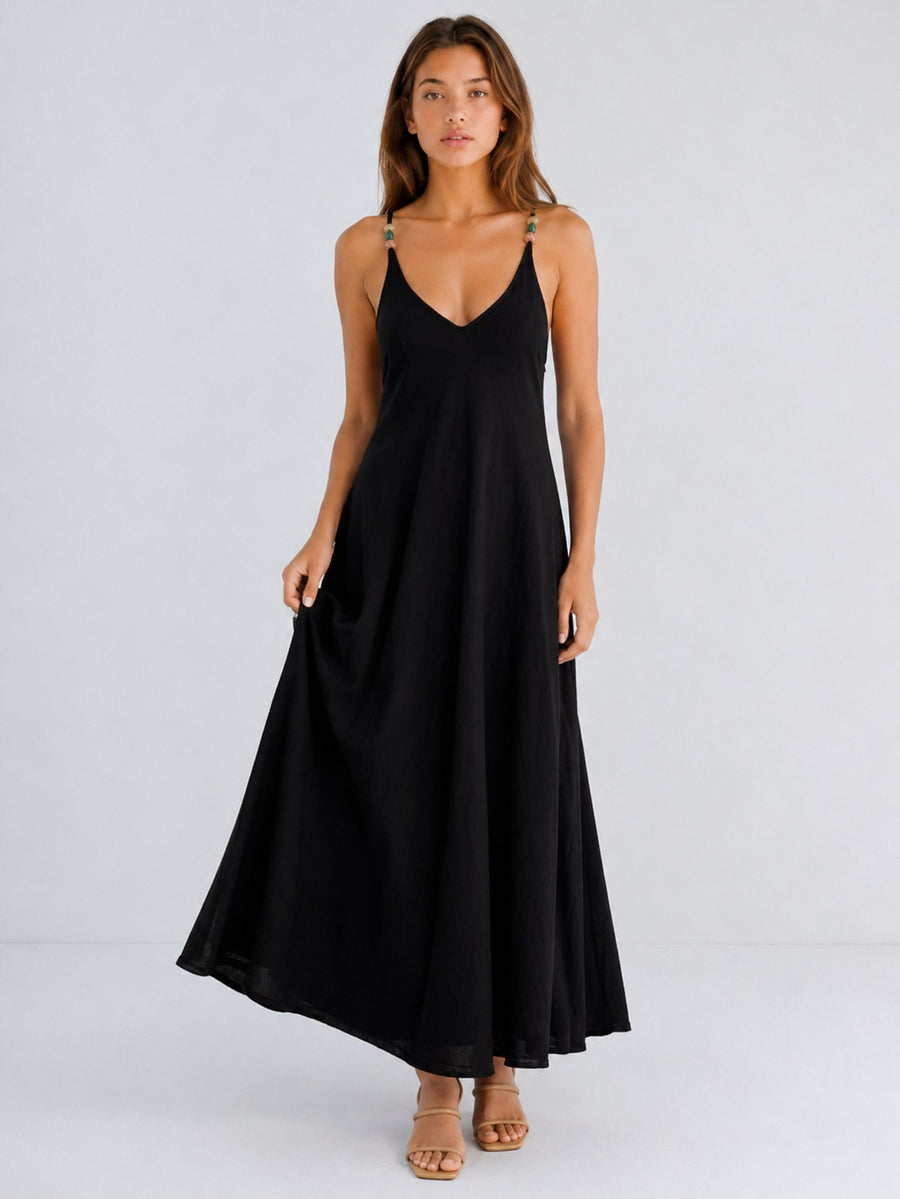 Robe longue évasée col V noir