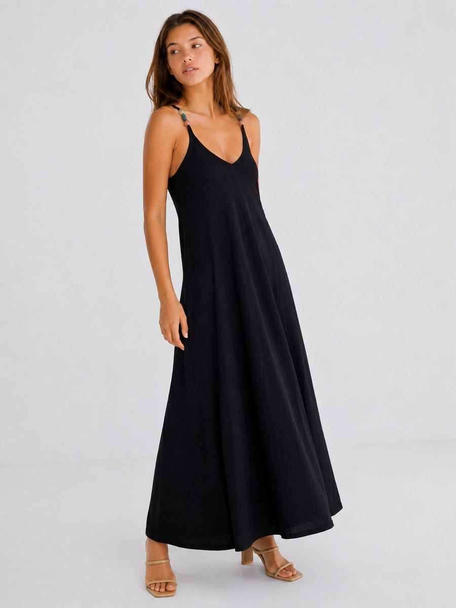 Robe maxi évasée noir vue trois quarts