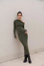 Women&#39;s Khaki Off-the-Shoulder Bodycon Dress - Trendy Asymmetrical Midi Dress 2025 - XS