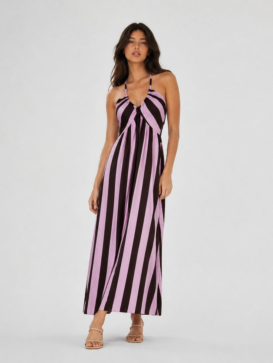 Robe longue rayée rose vue de profil