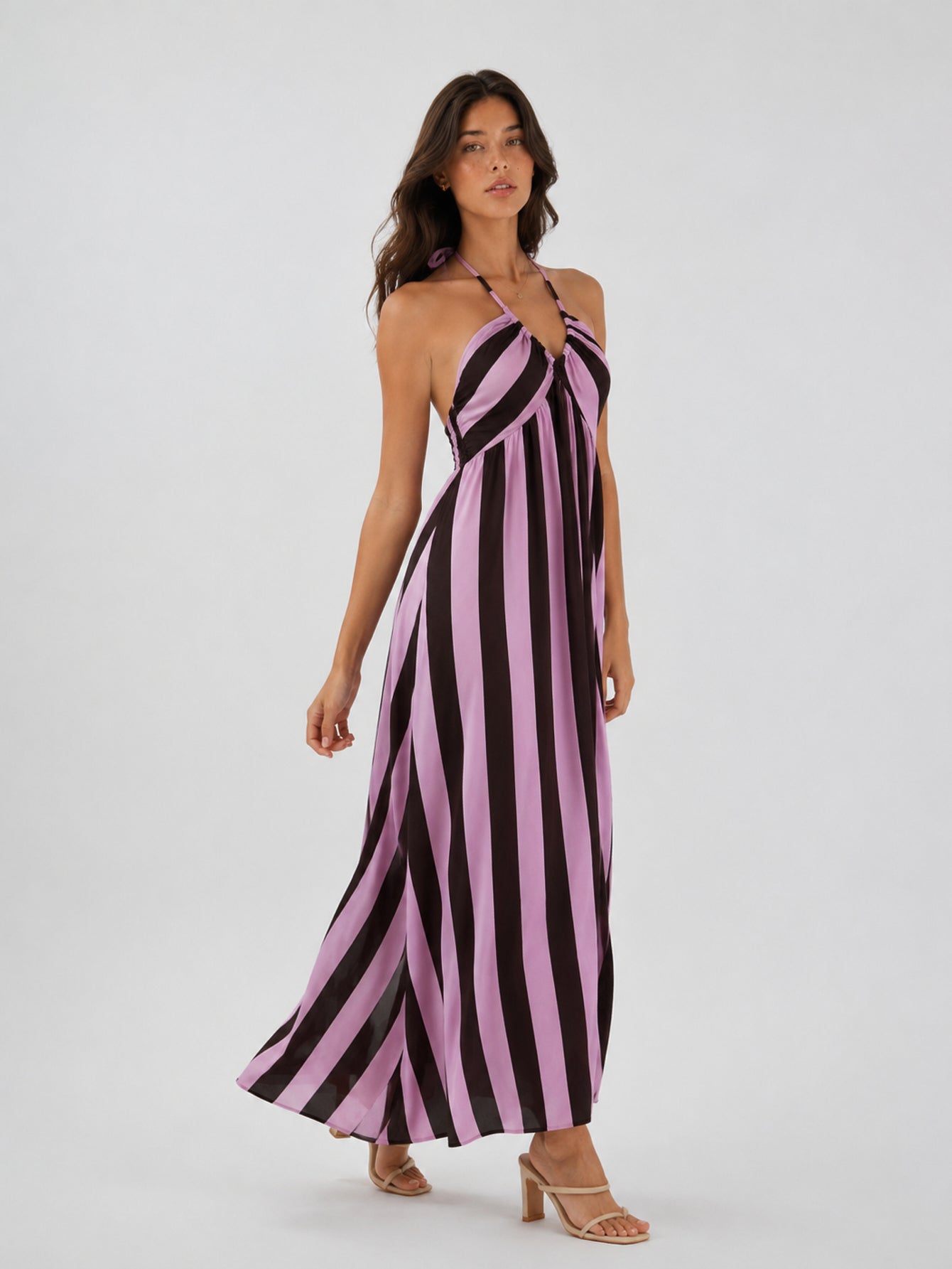 Robe longue rayée rose dos smocké