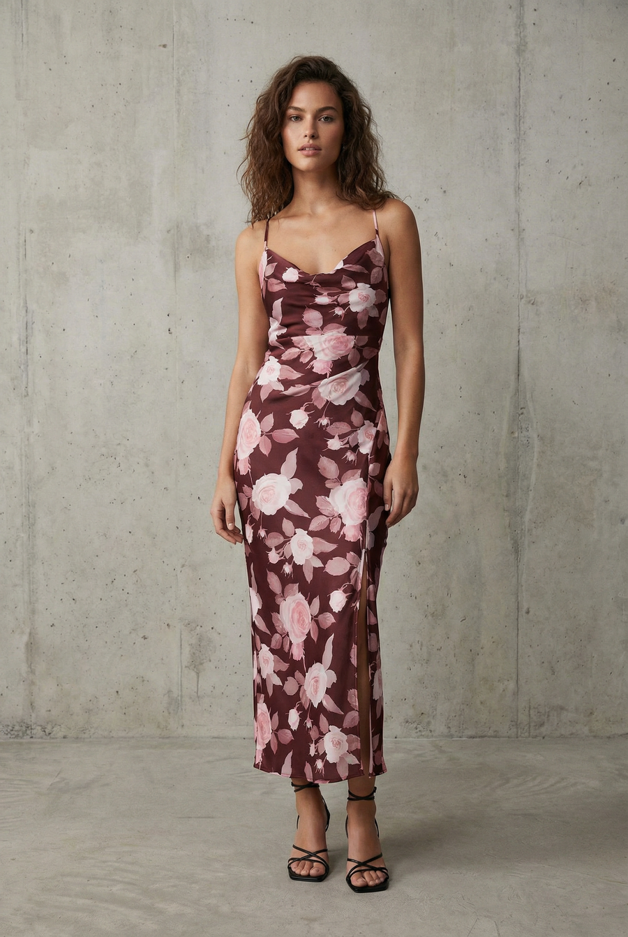 Vestido largo de raso con estampado floral y cuello b convertidor