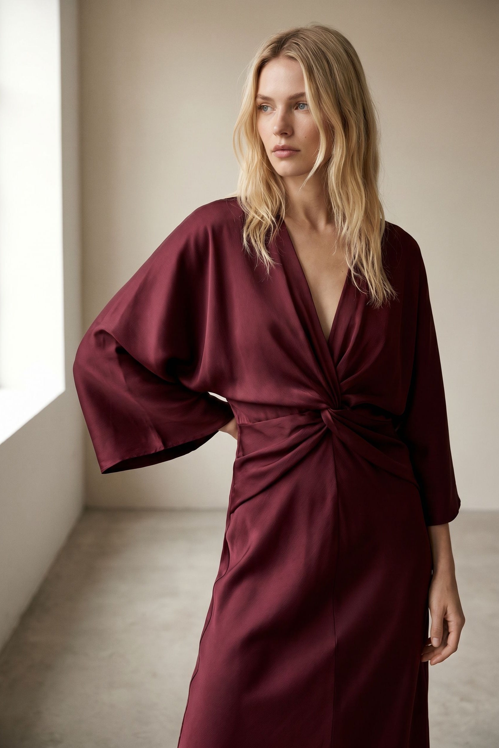 Robe longue satinée bordeaux col V nouée
