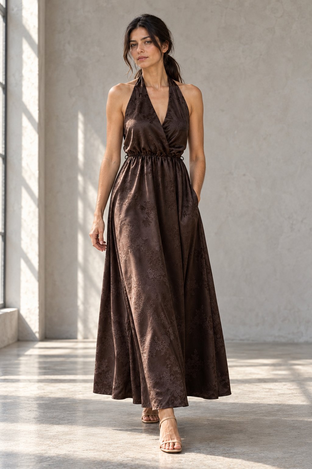 Robe longue satinée col halter