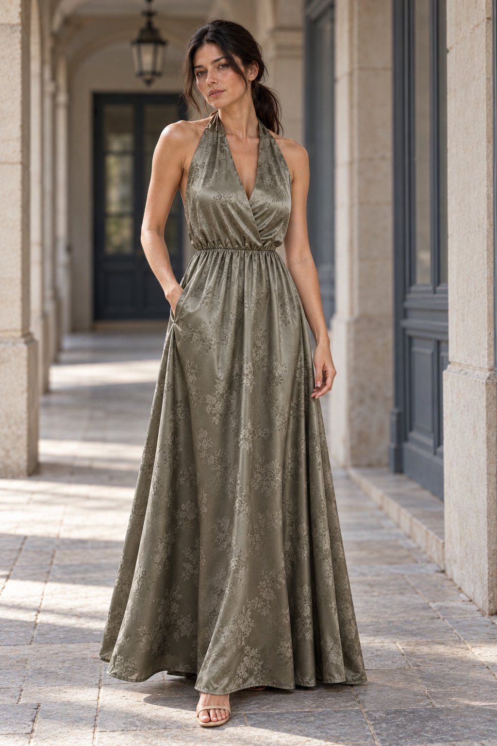 Robe longue satinée col halter
