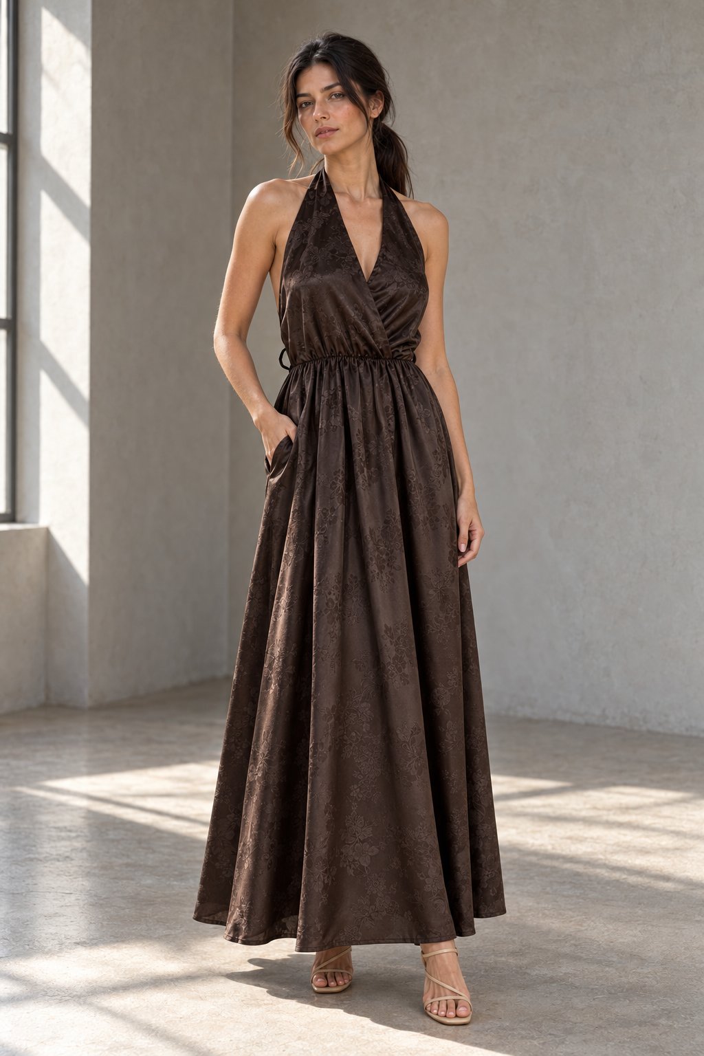 Robe longue satinée col halter