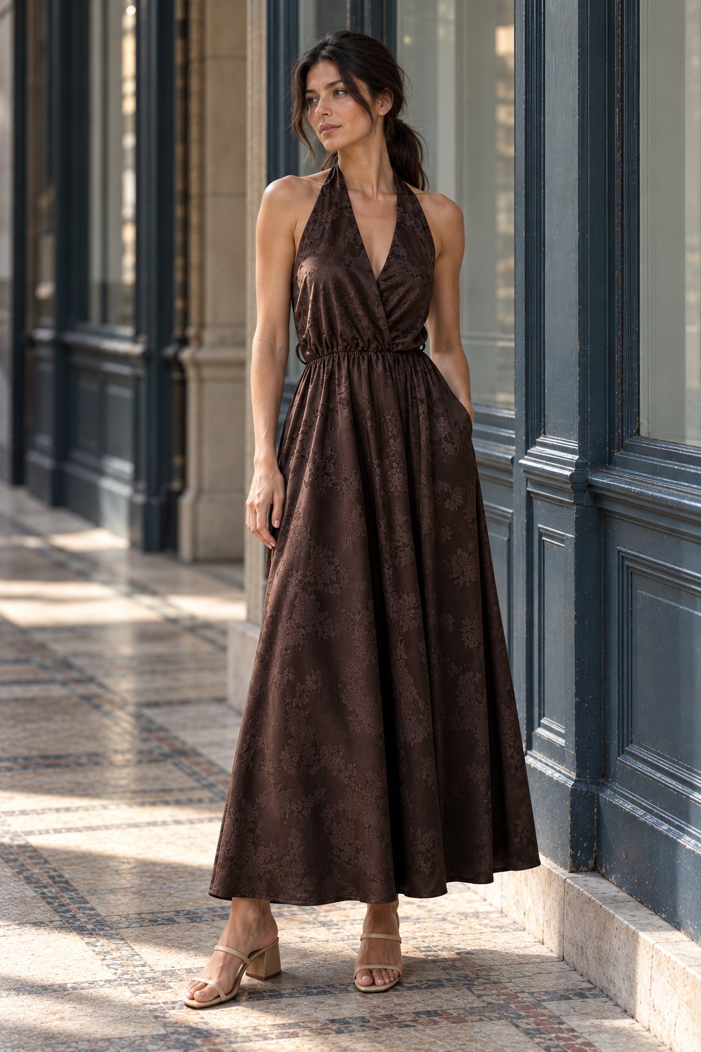 Robe longue satinée col halter