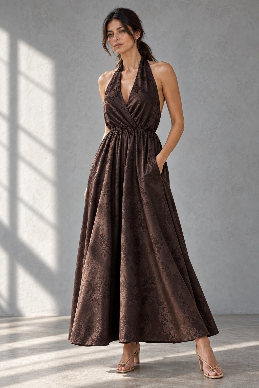 Robe longue satinée col halter