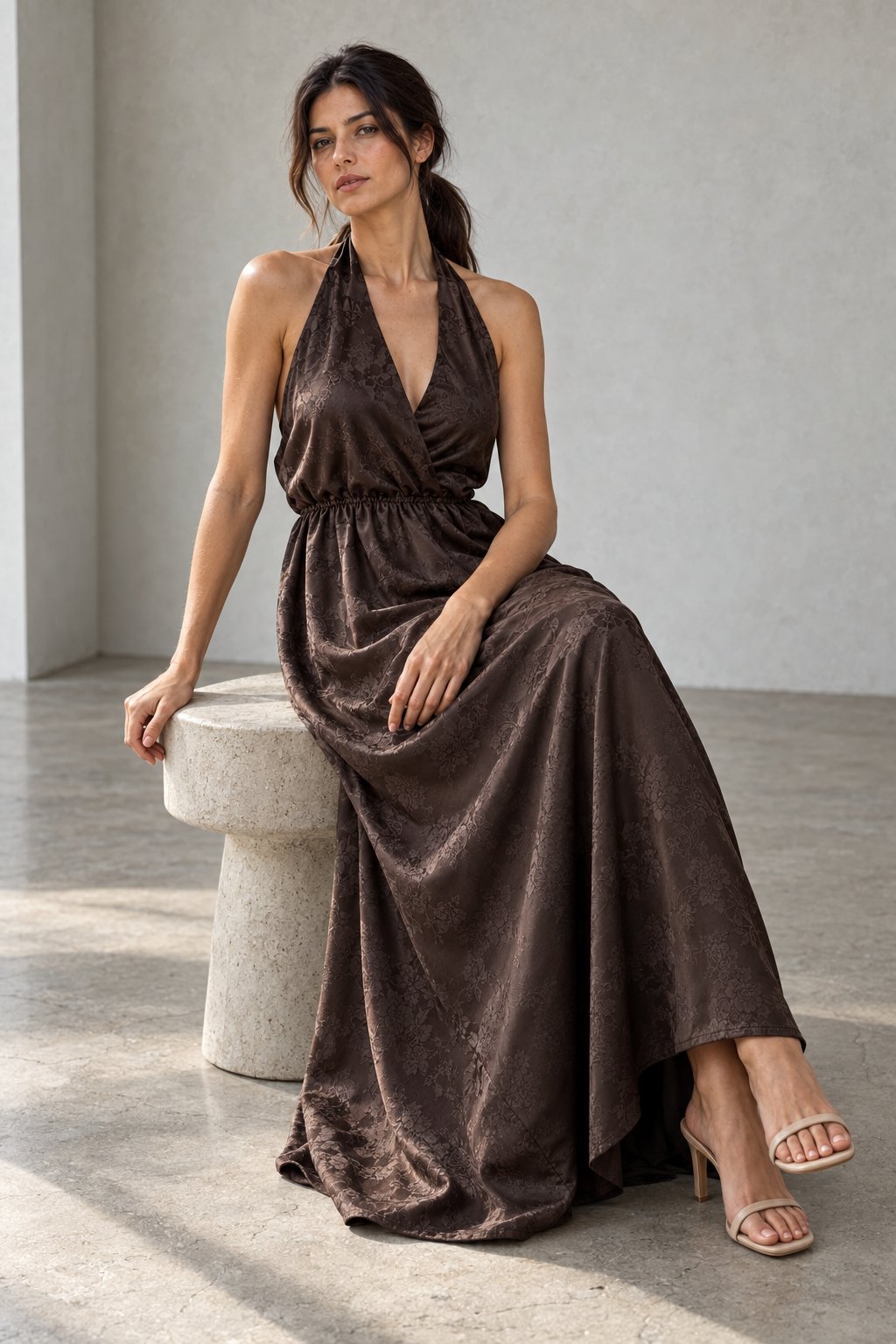 Robe longue satinée col halter