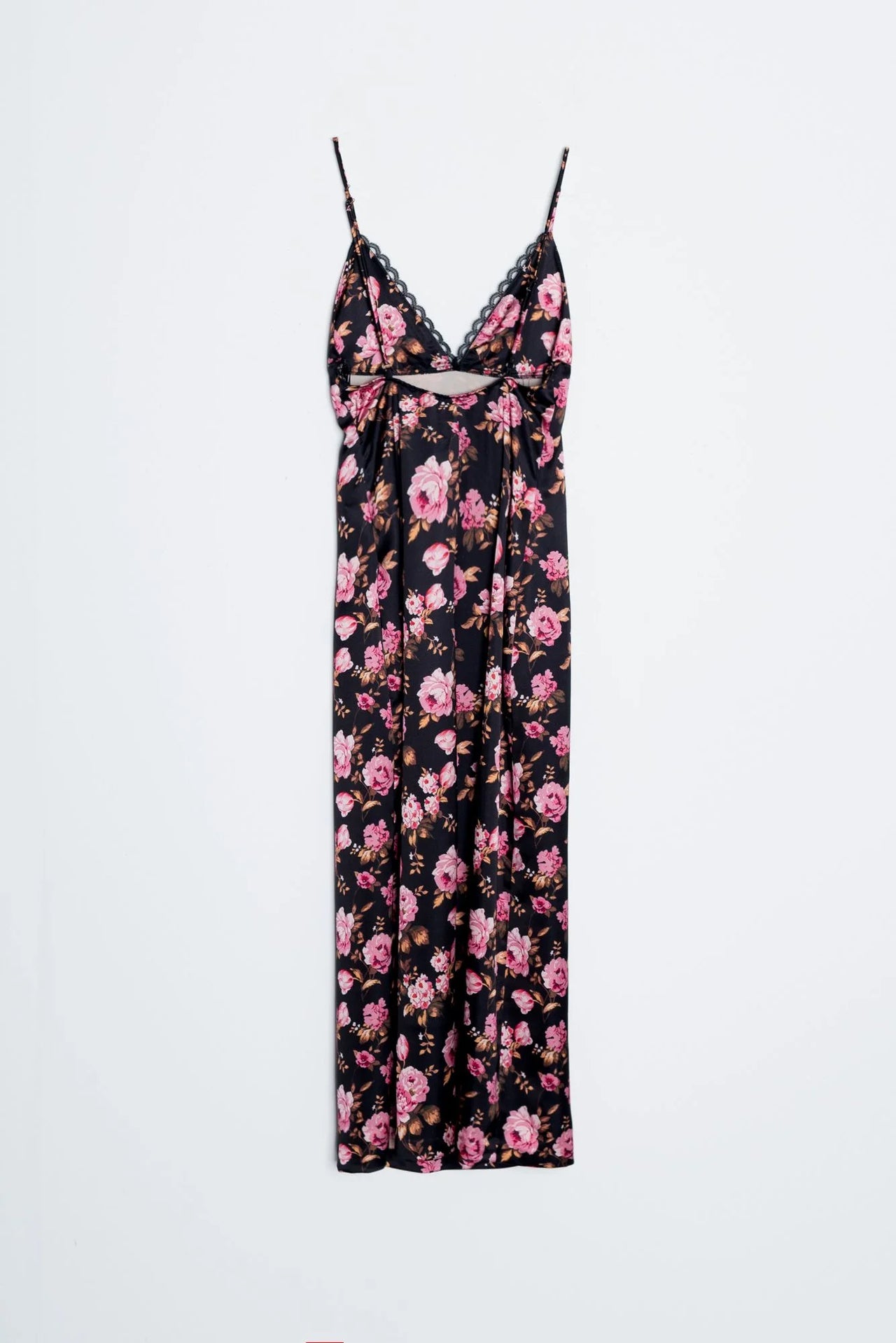Robe longue satinée noire à fleurs roses avec dentelle, élégante robe longue féminine