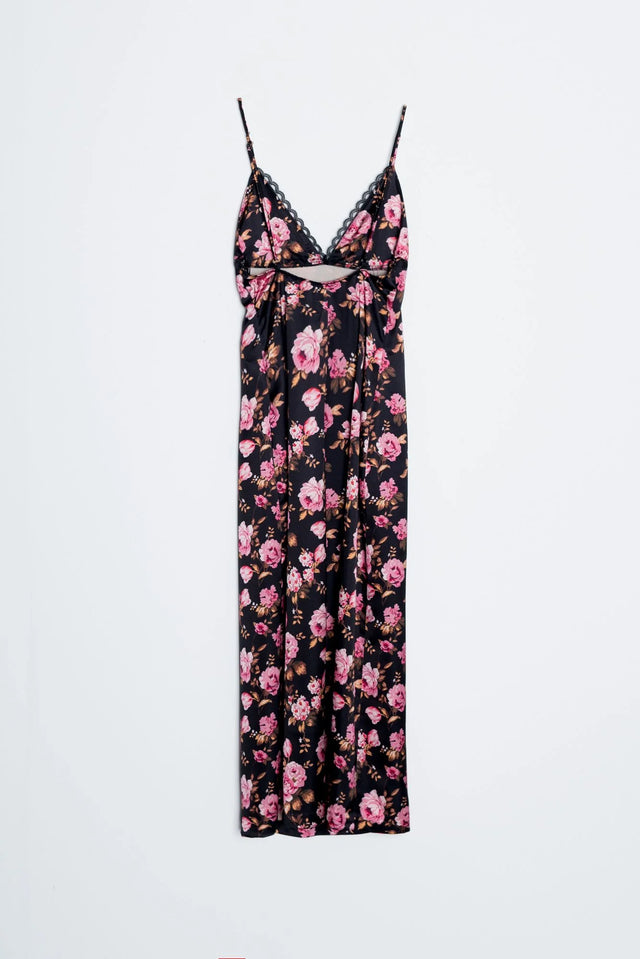Robe longue satinée noire à fleurs roses avec dentelle, élégante robe longue féminine