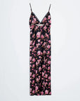 Robe longue satinée noire à fleurs roses avec dentelle, élégante robe longue féminine