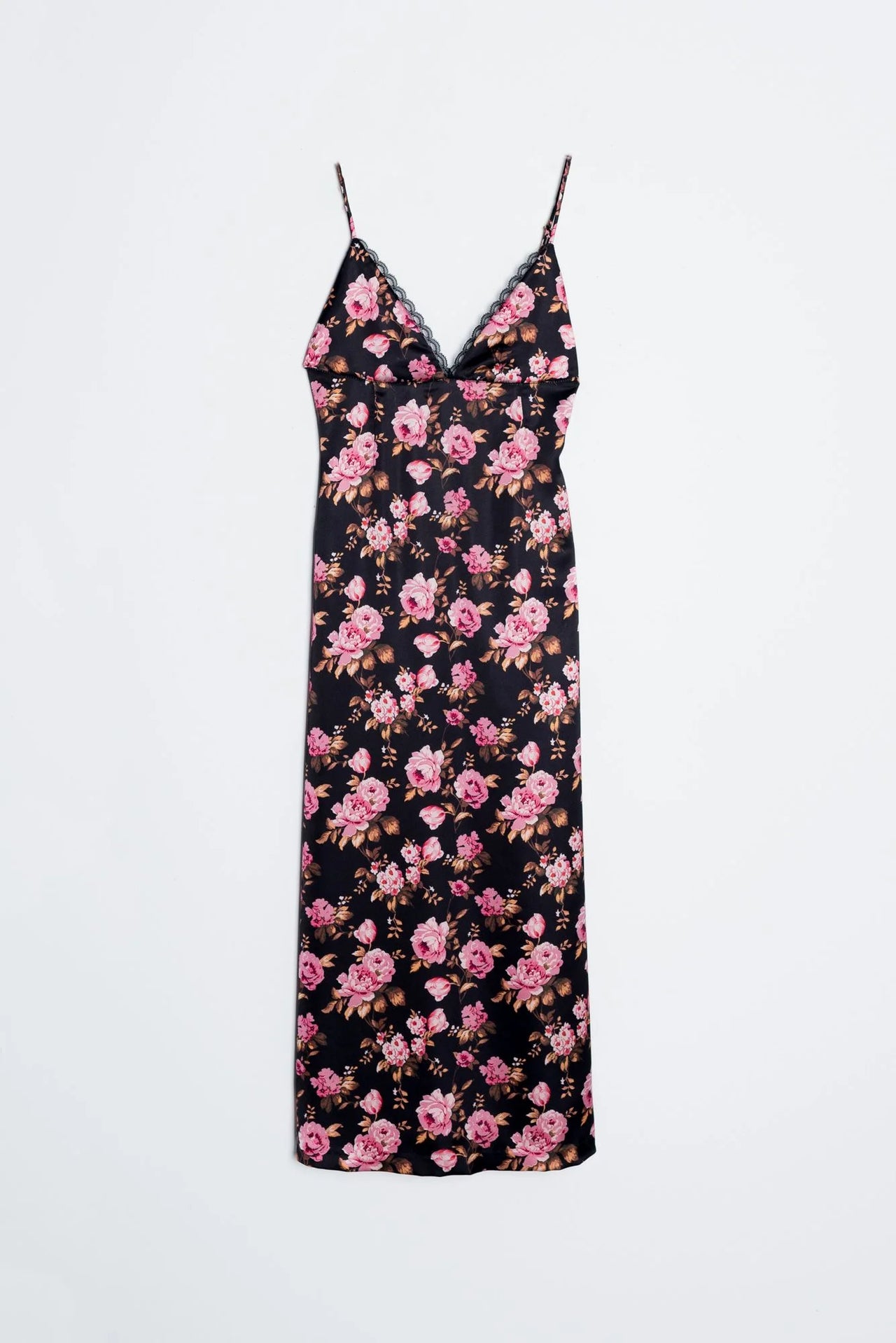 Robe longue satinée noire à fleurs roses avec dentelle, élégante robe longue floral