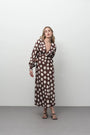 Brown midi dress with white polka dots, long sleeves, V-neck - XS
