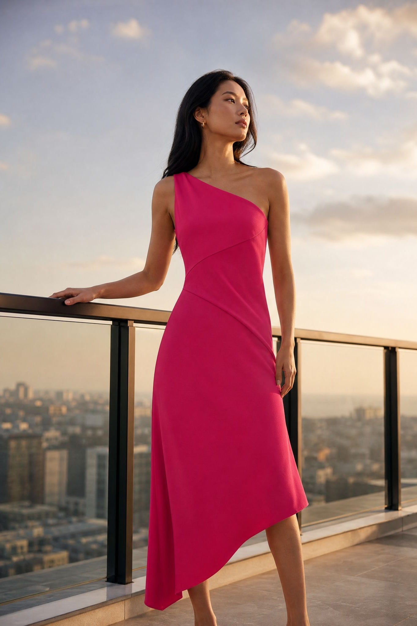 Robe midi asymétrique fuchsia