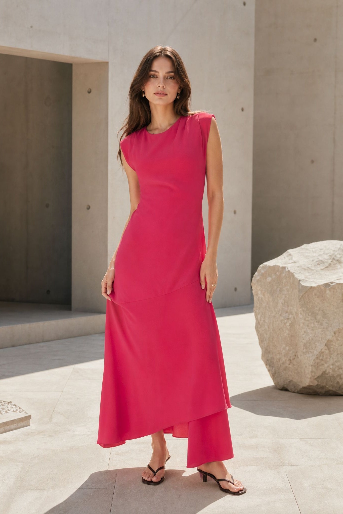 Robe midi asymétrique fuchsia