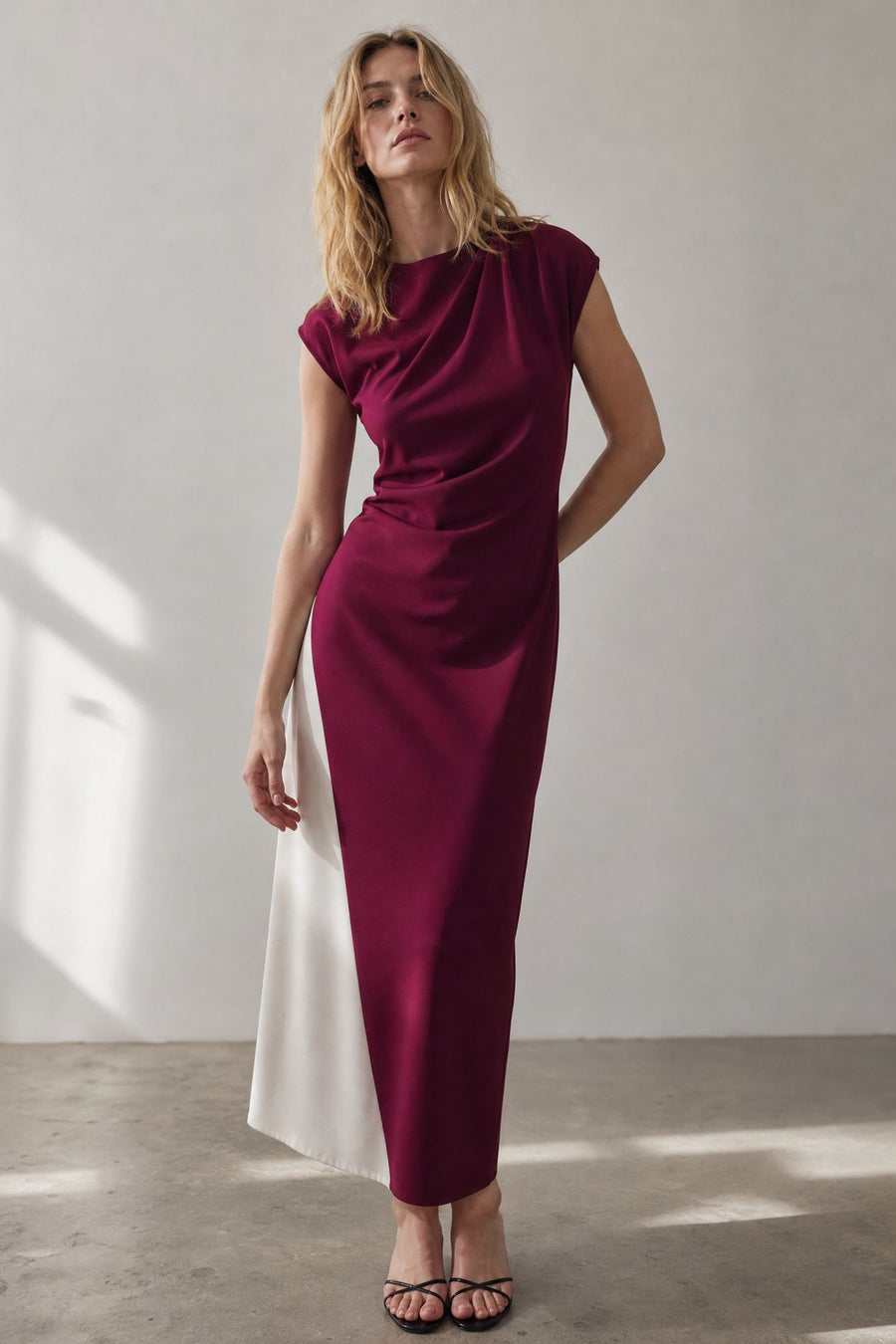 Robe midi bicolore bordeaux et blanc