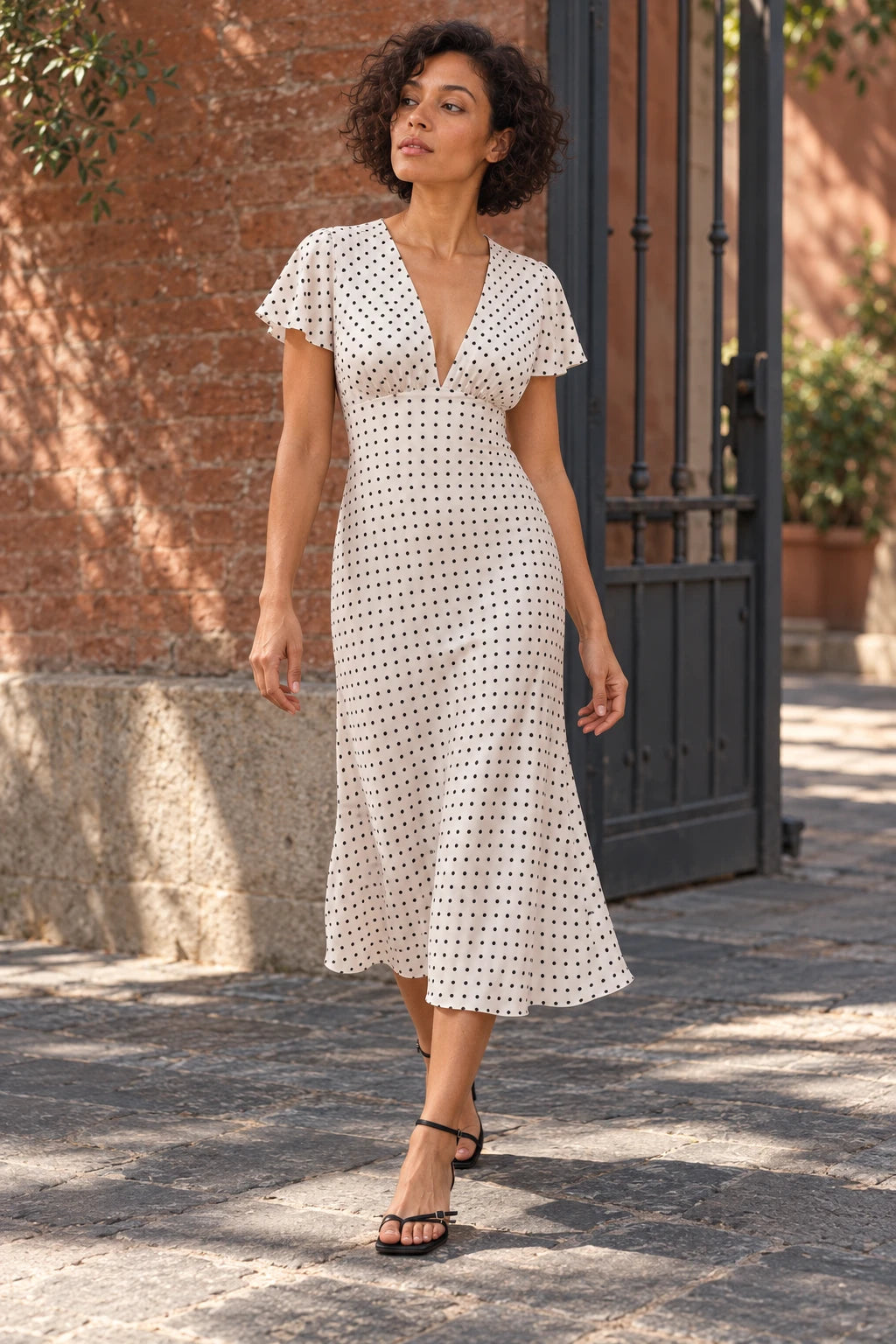 Femme posant avec assurance dans la robe à petit pois blancs et noirs, midi fluide, décolleté V, manches volantées chic, sur fond minimaliste.
