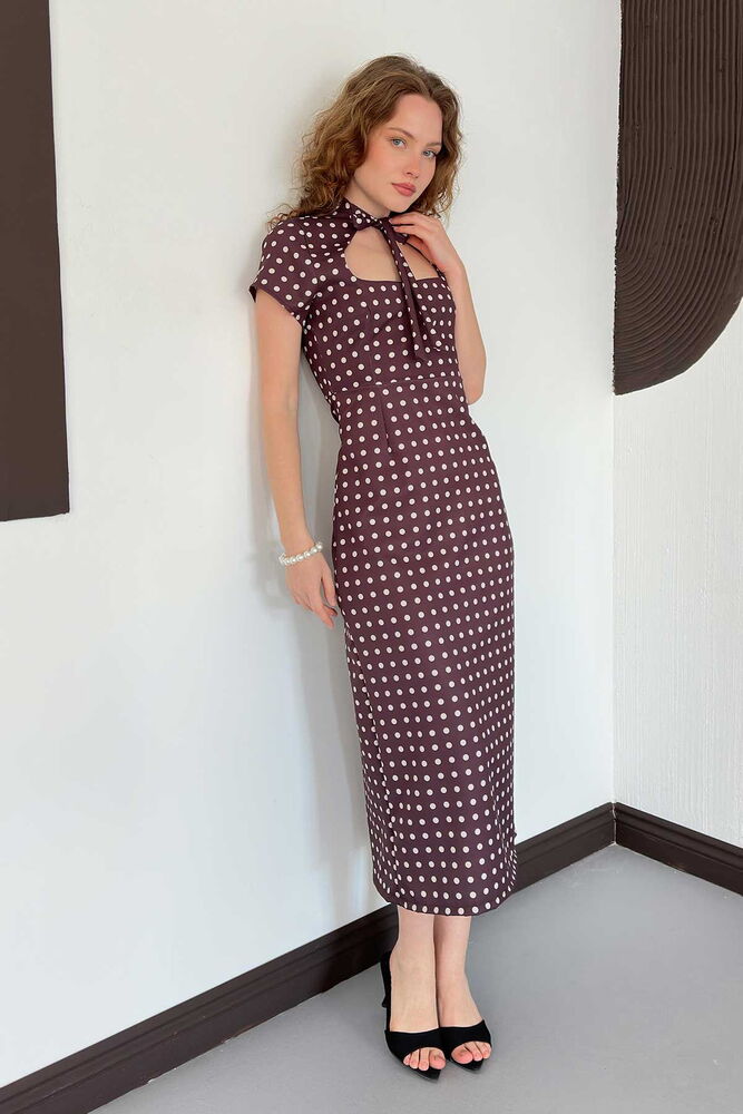 robe fourreau midi bordeaux a pois col noue image 1