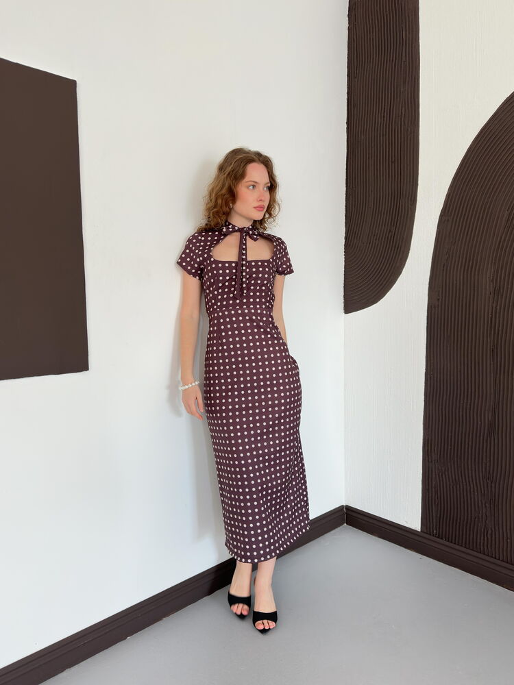 robe fourreau midi bordeaux a pois col noue image 2