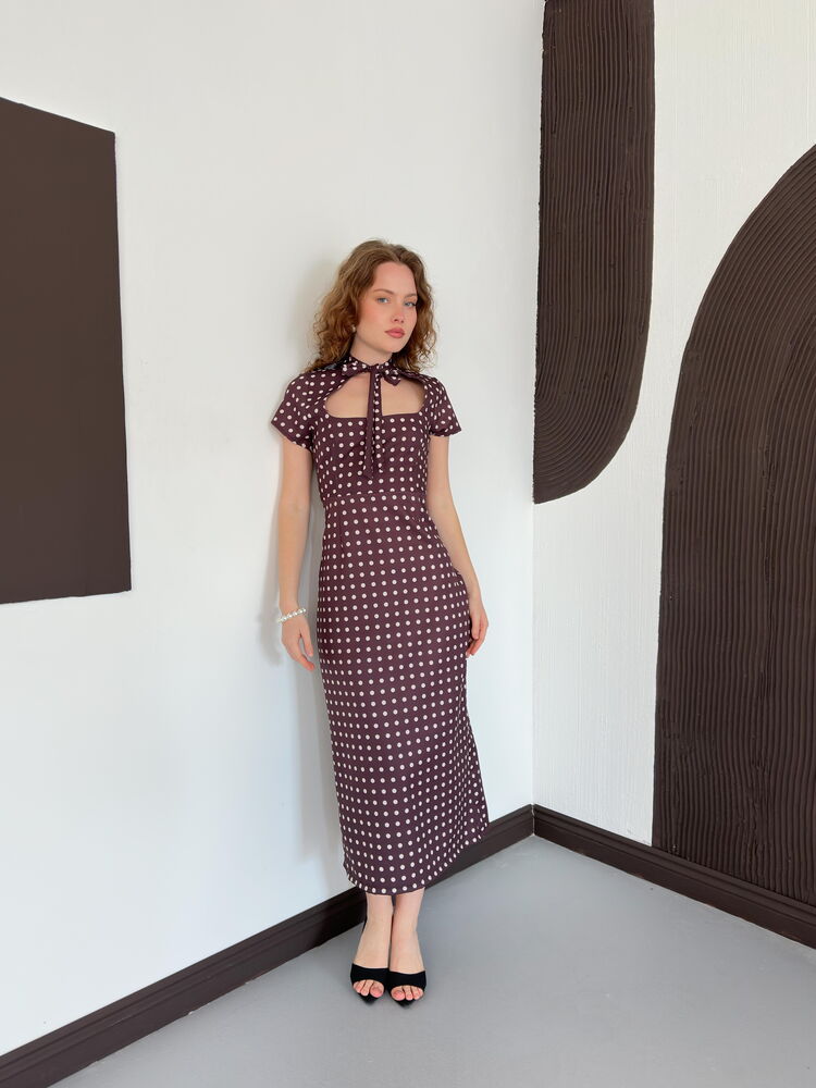 robe fourreau midi bordeaux a pois col noue image 3