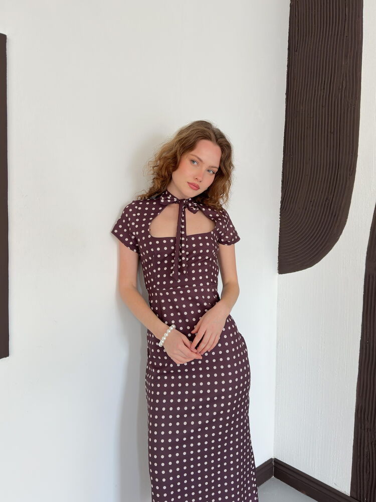 robe fourreau midi bordeaux a pois col noue image 4