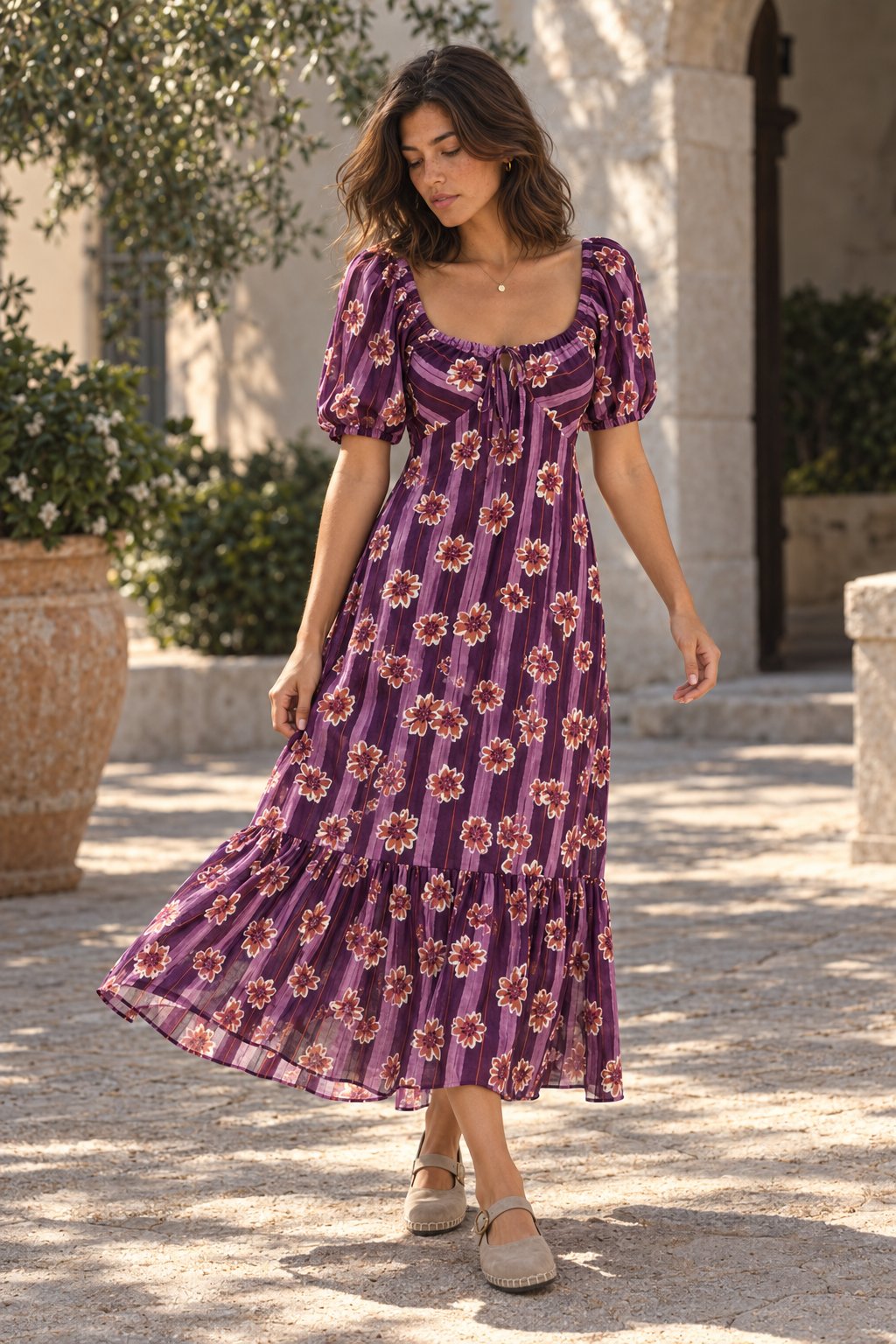robe midi fleurie à manches bouffantes violette