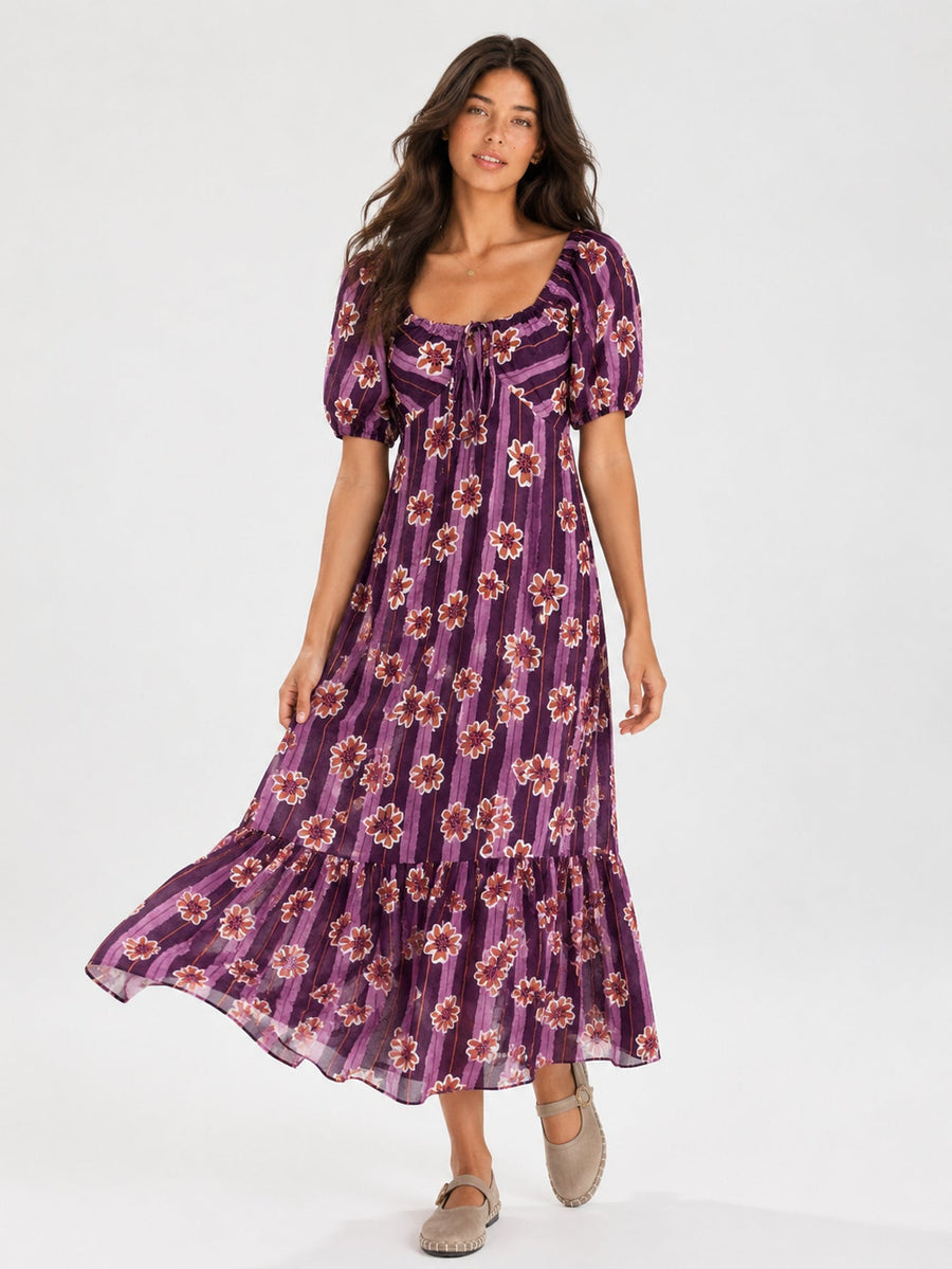 robe midi fleurie à manches bouffantes violette
