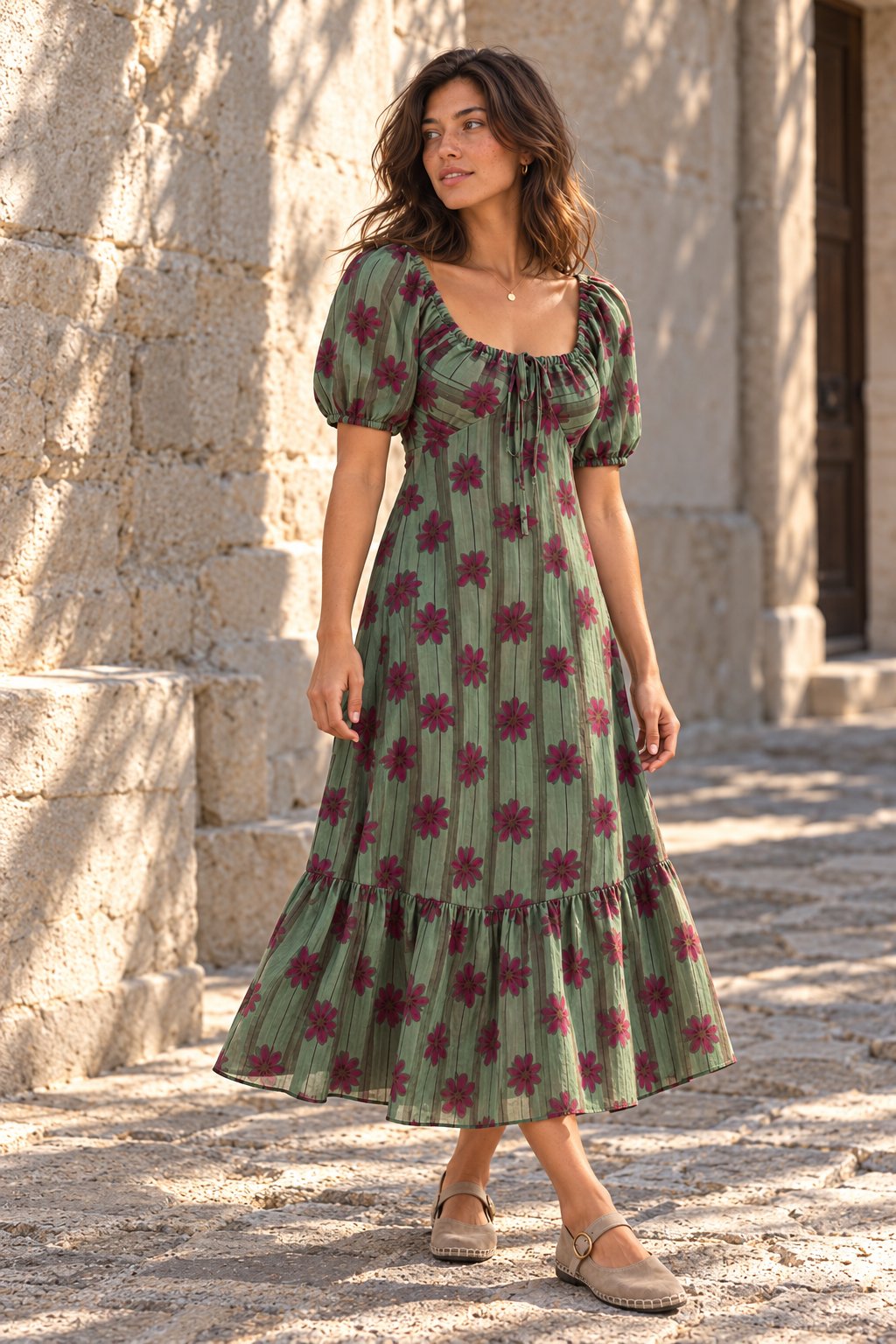 robe midi verte manches bouffantes profil