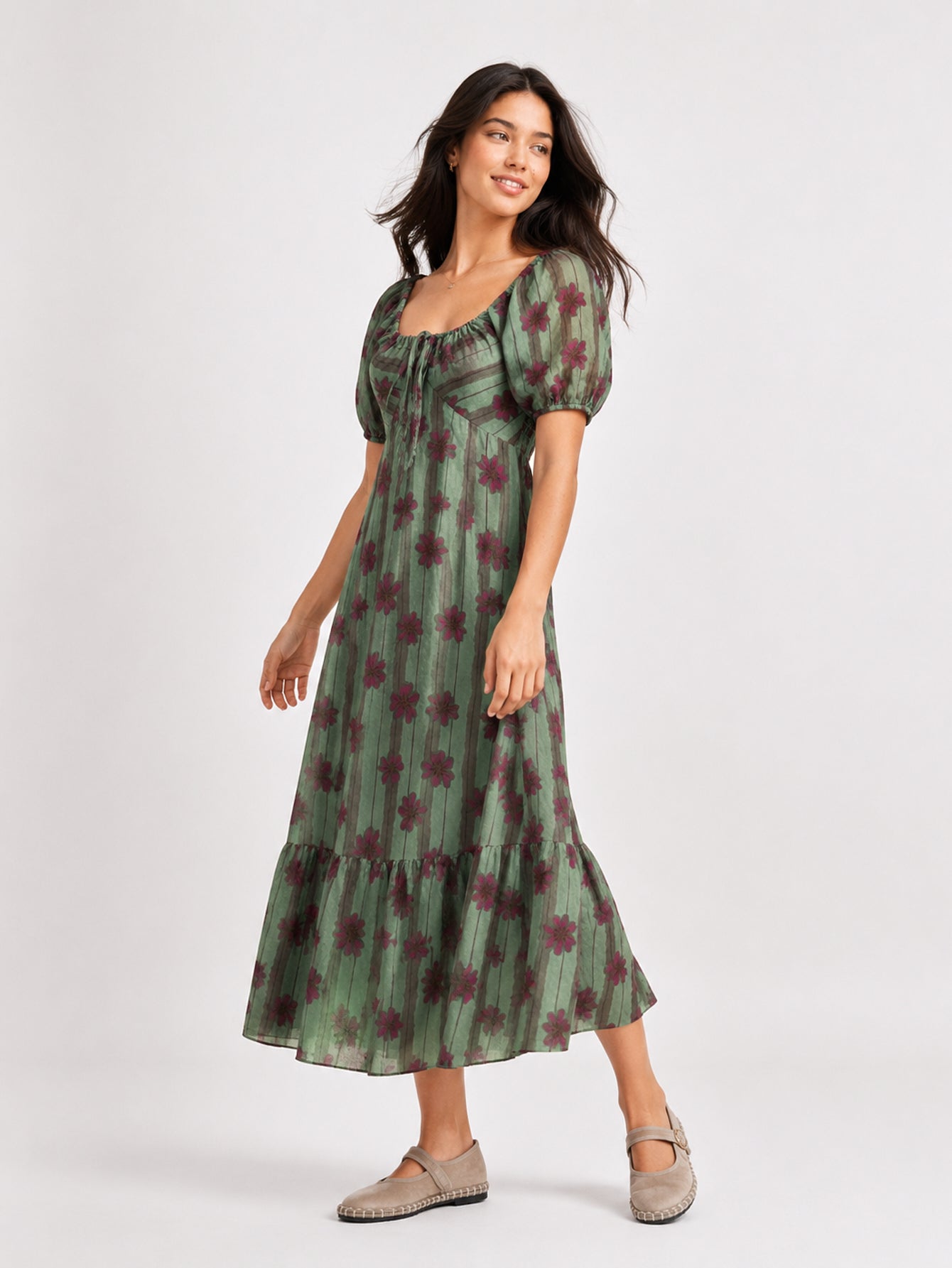 robe midi verte manches bouffantes profil