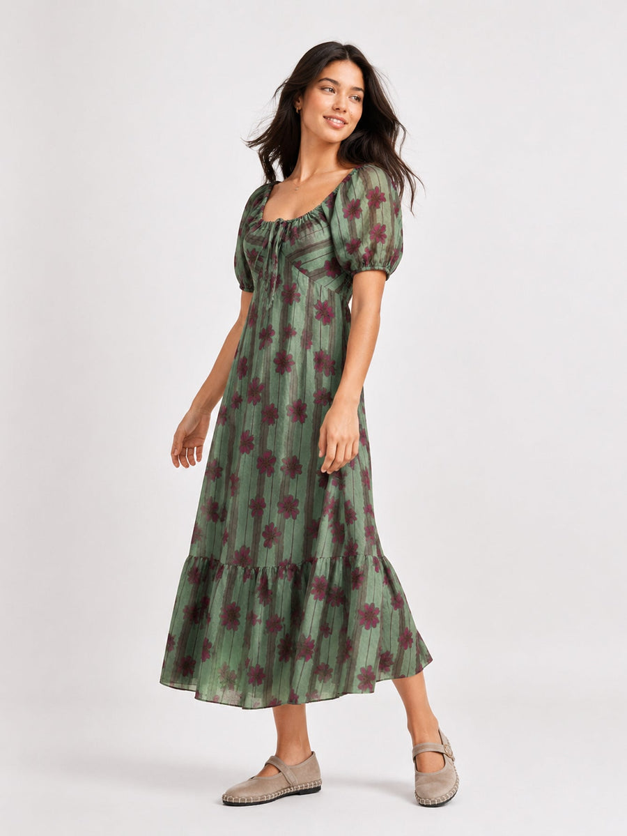 robe midi verte manches bouffantes profil
