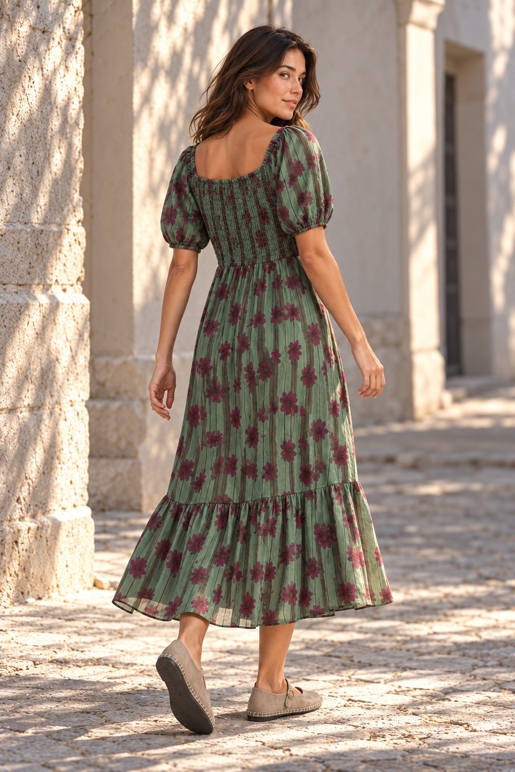 robe midi verte dos smocké