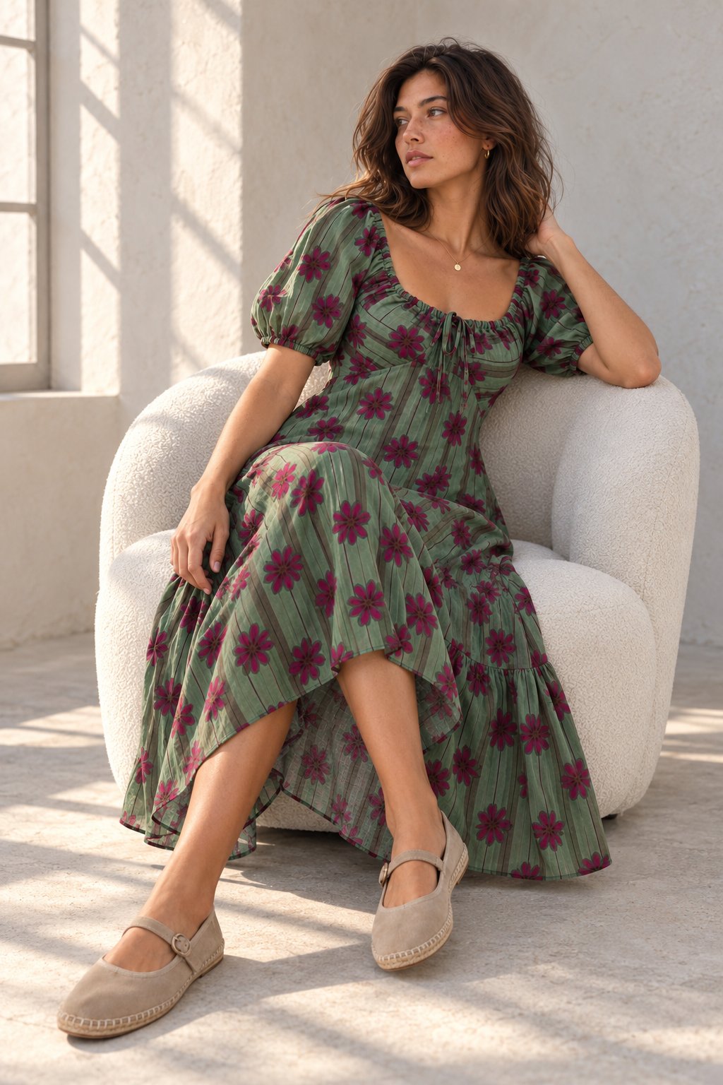 robe midi fleurie verte assise