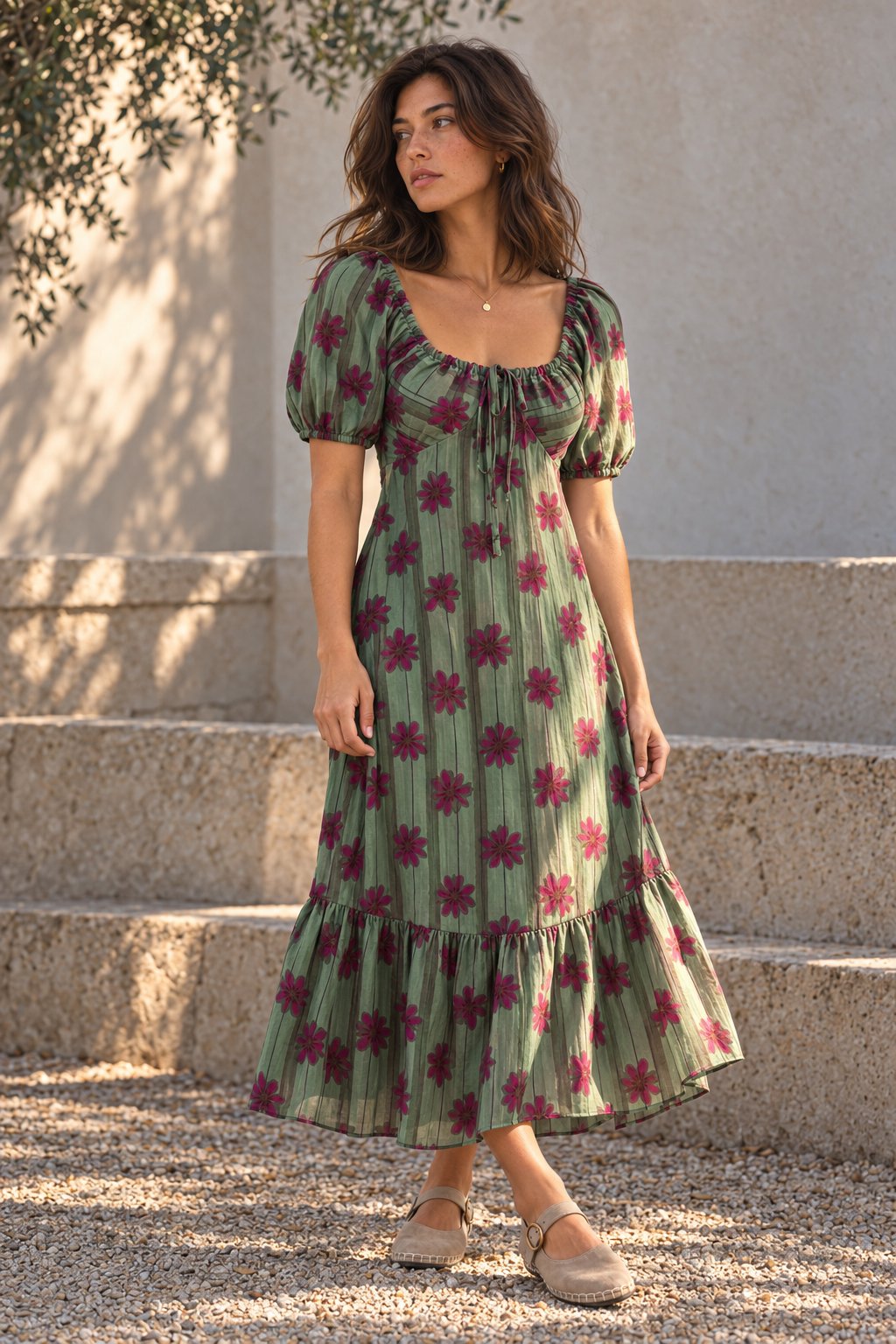 robe midi fleurie à manches bouffantes verte