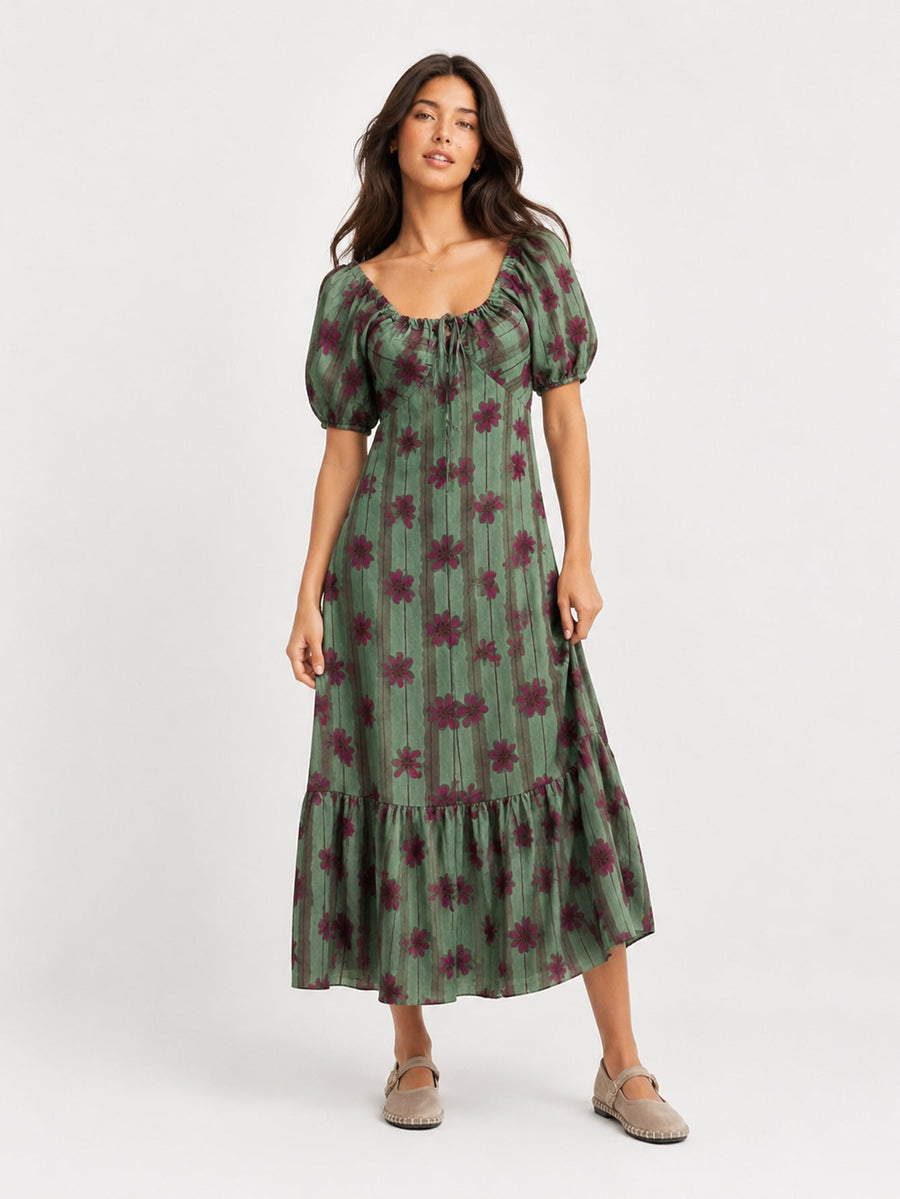 robe midi fleurie à manches bouffantes verte
